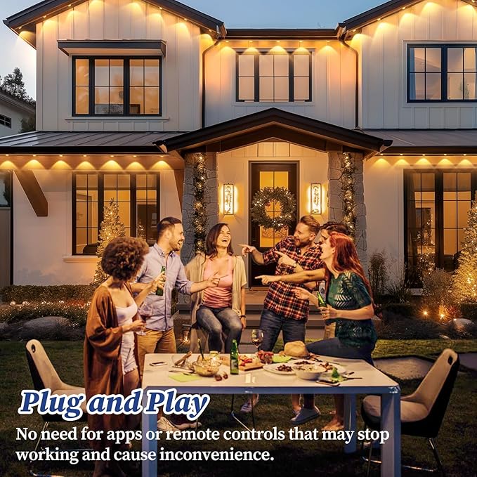 Brightever Permanent Outdoor Lights, Upgraded Warm White Outdoor Light 100FT with 72 LED Lighting, IP65 Waterproof Eaves Lights for Daily, Garden, TV Backlights, Christmas Decor, Dimmable