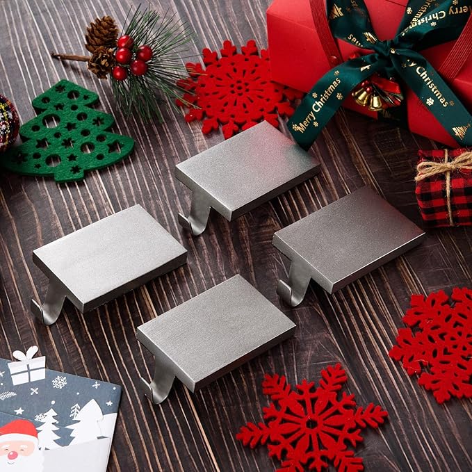 4 Pcs Christmas Stocking Holders Hanging Hooks Heavy Duty Mantel Stocking Holder Bases Weighted Metal Stocking Hangers for Shelf Fireplace Stair Xmas Party Decor (4, Silver)