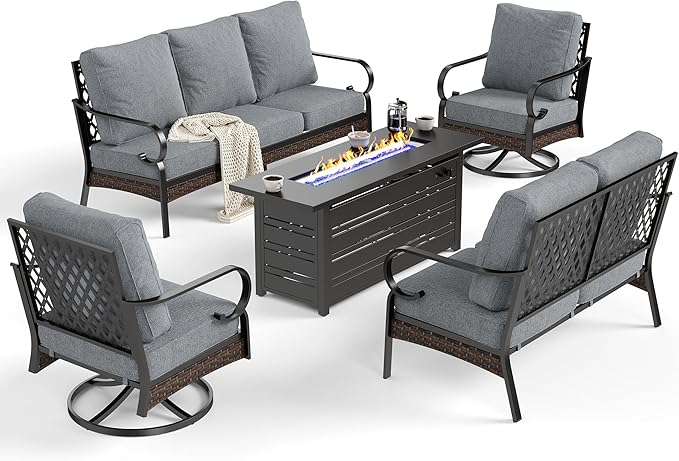 5 Piece Metal Outdoor Patio Furniture Sets with Firepit Table, Patio Conversation Sets 1 3-Seater Sofa, 1 2-Seater Loveseat, 2 Swivel Chair with 5.75" Cushion for Backyard Deck, Gray