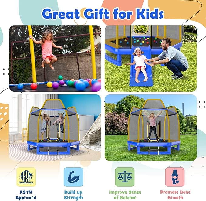 GYMAX Trampoline for Kids, ASTM Approved 7FT Trampoline with Slide, Ladder, Ocean Balls & Mats, Small Indoor/Outdoor Toddler Recreational Trampoline with Enclosure Net, Backyard Trampoline