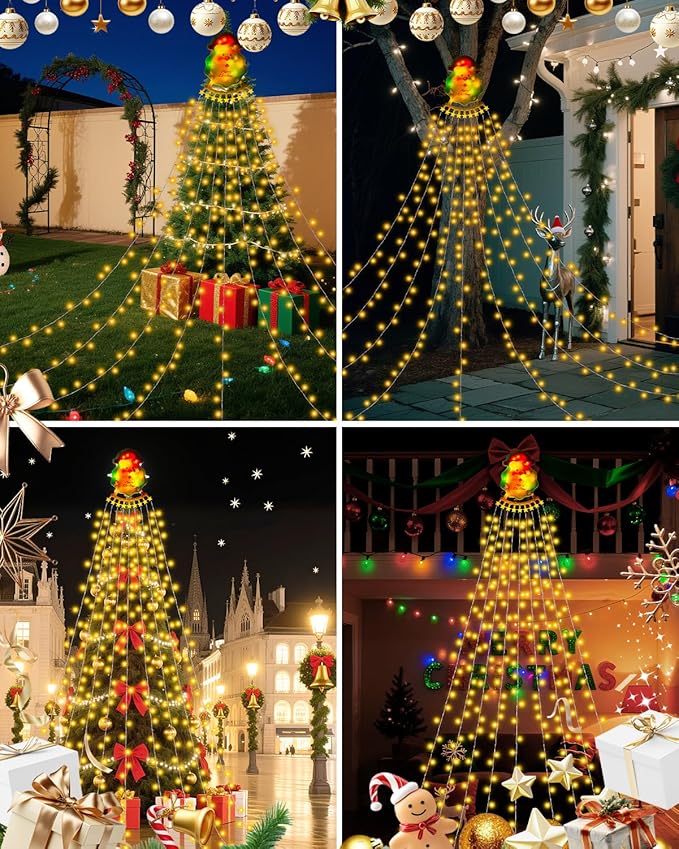 Christmas Decorations Outdoor String Lights - 335 LED 11.48ft 9 Strands Waterfall Tree Lights with Topper, 8 Lighting Modes Christmas Lights Indoor Decorative for Wedding Yard Party Home