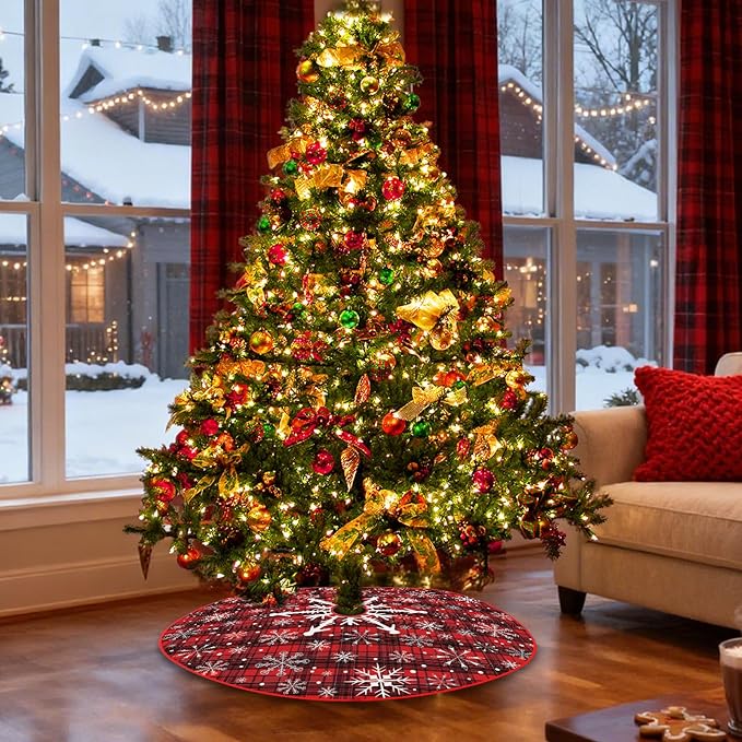 48 Inch Snowflake Christmas Tree Skirt – Holiday Tree Mat for 6 to 7.5 Ft Trees, Durable & Soft Christmas Decorations for Home, Living Room, Party, Winter Xmas Holiday Decor