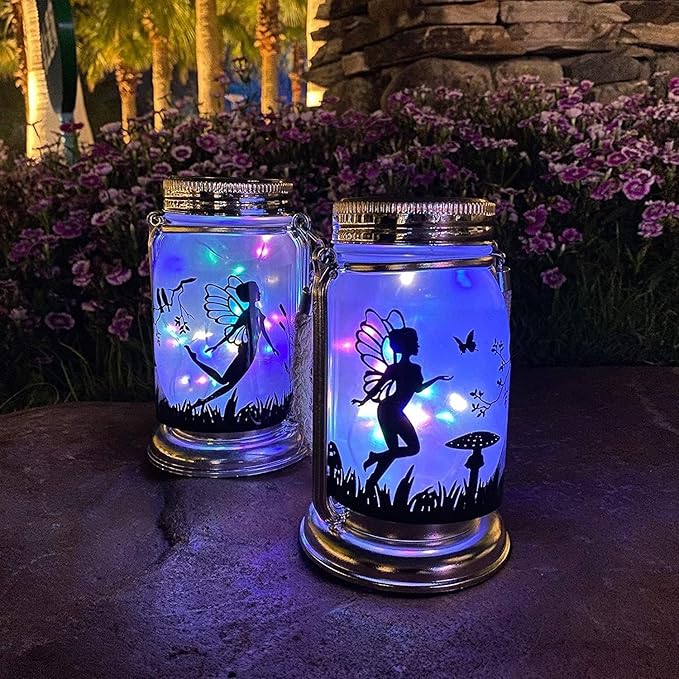 2 Pack Solar Fairy Lantern for Garden Decorations - Christmas Gifts for Mom Women Grandma Birthday Outdoor Ornaments Decorations Hanging Lamp Frosted Glass Jar with Stake for Yard Patio Lawn