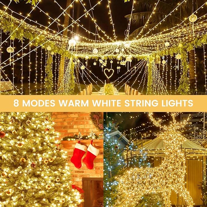 4 Pack Christmas String Lights Battery Operated with Timer, 66FT 200 LED Waterproof Twinkle Lights, 8 Modes Fairy Light for Indoor and Outdoor Bedroom Garland Tree Christmas Decorations (Warm White)