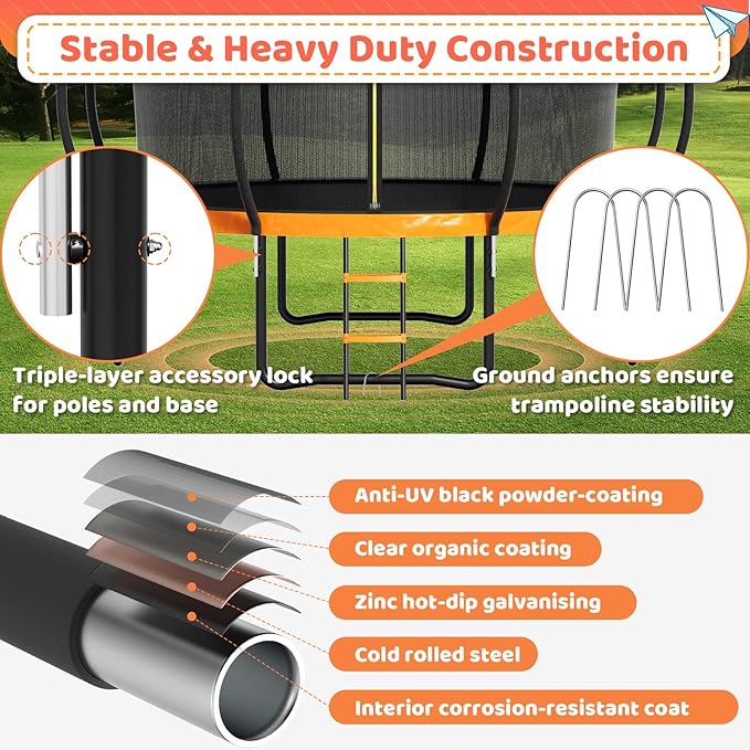 8FT 10FT 12FT 14FT 16FT Trampoline Outdoor, Trampolines for Kids & Adults, Pumpkin Trampolines with Safety Net, Ladder, Coating Metal Frame, ASTM Approved Large Backyard Trampoline for Kids