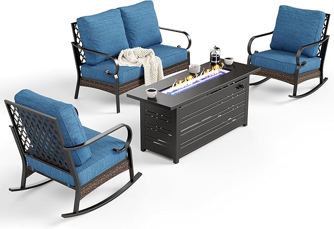 4 Piece Metal Outdoor Patio Furniture Sets with Firepit Table, Patio Conversation Sets 1 2-Seater Sofa, 2 Rocking Sofa with 5.75" Cushion Black Backyard Furniture for Deck, Blue-2