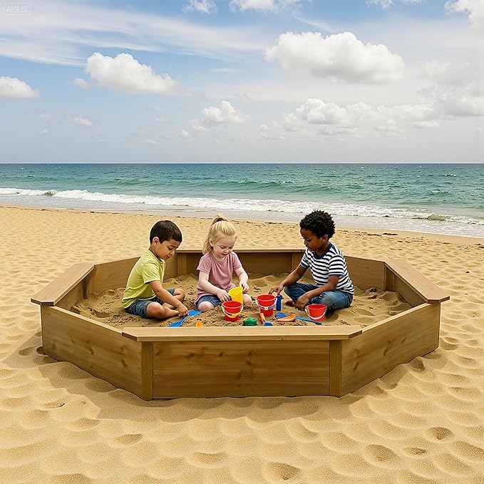 68x68x8.4 Kid's Octagonal Wooden Outdoor Sandbox,Large Natural Wooden Sandpit with 4 Benches, Bottom Liner,Sand Box for Backyard, Patio, Outdoor Play Sand Box for Kids Ages 4-8