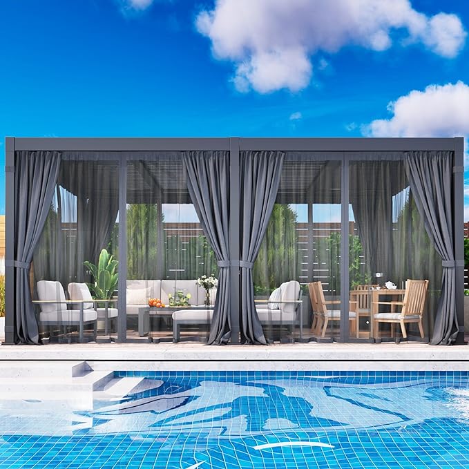 12' x 20' Louvered Pergola, Outdoor Pergola with Curtains & Netting, Metal Patio Pergola with Adjustable Louvers Roof and Gutter System, Metal Hardtop Gazebo for Patio, Deck, Garden, Yard, Dark Gray