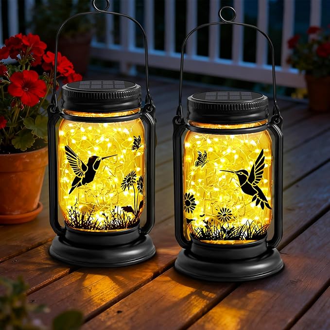 2 Pack Hummingbird Solar Lantern Outdoor Garden Decor, Christmas Birthday Gifts for Women Mom Grandma, Waterproof Hanging Vintage Glass Mason Jar Outside for Yard,Patio, Backyard,Porch,Tree, Pathway