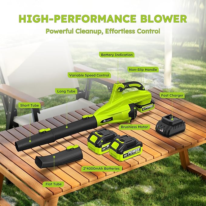 Leaf Blower Cordless with 2 * 4.0ah Battery and Fast Charger,KJBAO 21V Brushless Battery Powered Blower,Electric Blowers with 650CFM&170MPH&6 Speeds,Lightweight Blower for Lawn Care,Car, Yard, Patio