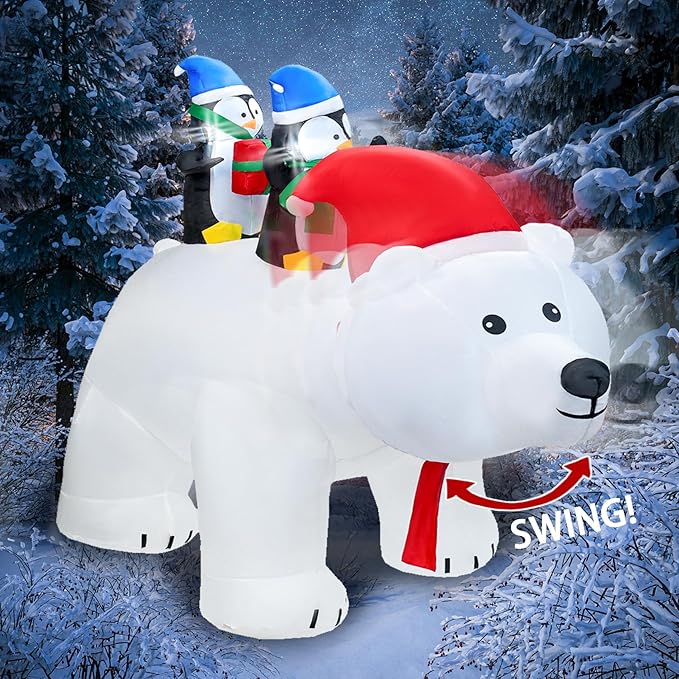 DearSun 7FT L Christmas Inflatable Penguins on Polar Bear with Shakable Head, Blow up Christmas Inflatable with Build-in LED Lights Outdoor Party Yard Decoration