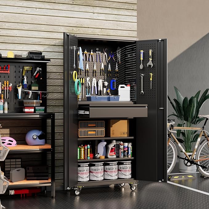 Aobabo 71 H Metal Storage Cabinet with Wheels with 5 Pegboards and 1 Drawer,Lockable Steel Tool Cabinet for Garage,Warehouse,Assembly Required,Black