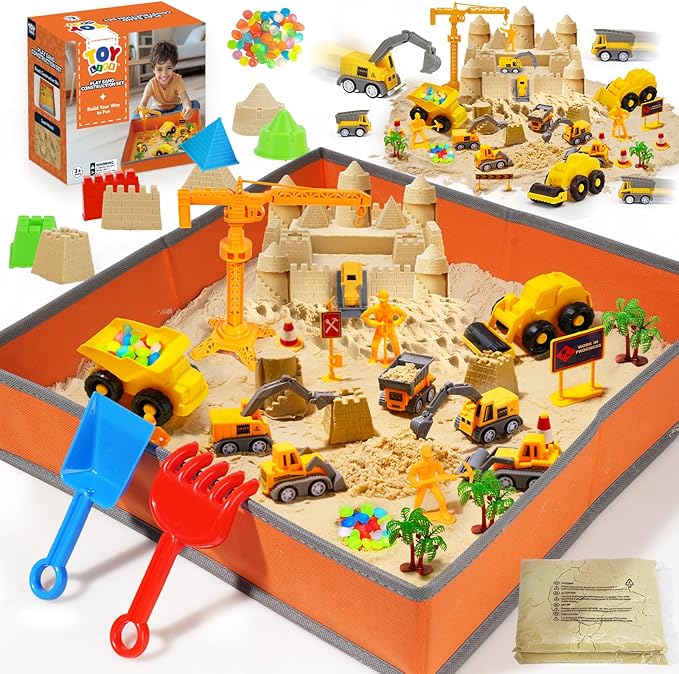 TOY Life 38 Pcs Sand Construction Kit with Big Foldable Sandbox with 2.2Ibs Magic Sand, Trucks, Castle Molds & Beach-Side Mat ? Indoor Sandbox Toy Construction Sensory Bins for Toddlers