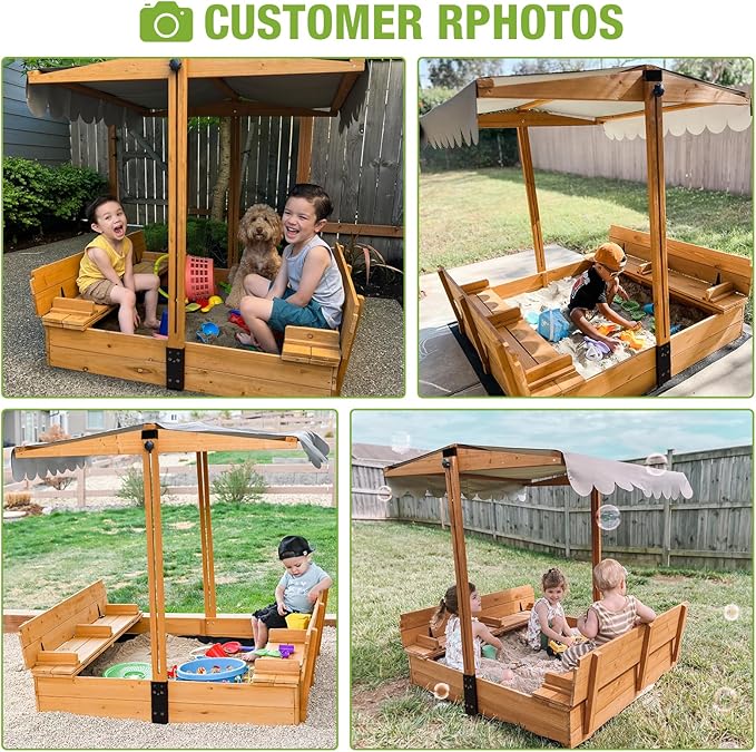 Sandbox with Lid Wooden Kids Sand Box for Backyard with Canopy and Foldable Bench Seats,UV-Resistant,Adjustable Height Roof