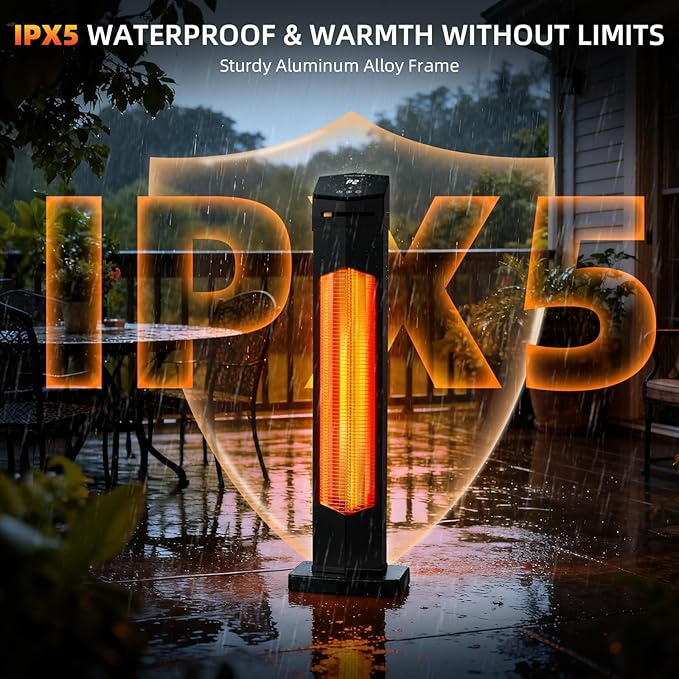 Outdoor Electric Patio Heater, 1500W 36in Infrared Tower Heater with 2 Heat Settings, 12-Hour Timer, IPX5 Waterproof, Tip-Over & Overheat Protection for Garage, Home, and Covered Spaces with Remote