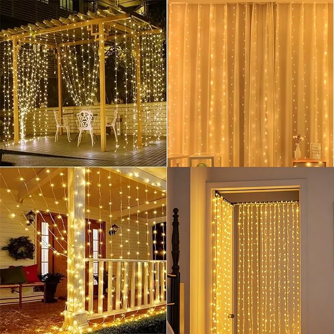 Vigdur Led Curtain String Lights, 2 Packs 8FT Window Fairy Lights for Bedroom with 210 Warm LEDs, Hanging Twinkle Indoor String Light for Party Wedding Garden Wall Decor(8 * 7ft)