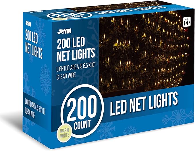 JOYIN 200 LED Christmas Net Lights, 6.5X 10FT Christmas Mesh Lights with 8 Modes, Connectable, Waterproof for Bushes Trees Yard Indoor Outdoor Xmas Decorations (Warm White)