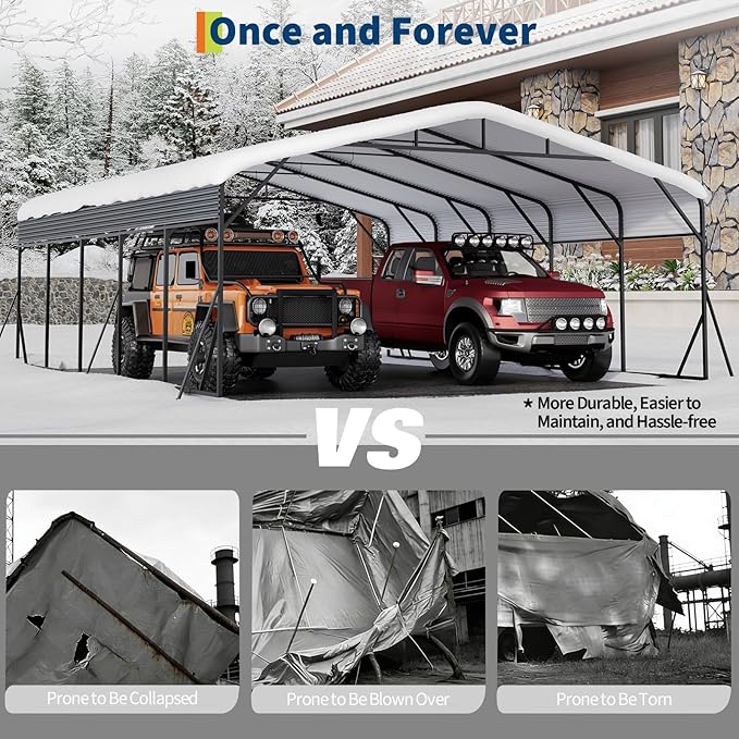 Metal Carport, 20x25 FT Outdoor Carport Canopy with Reinforced Base and Galvanized Steel Roof, Heavy Duty Garage Car Shelter Shade for SUV, Truck, Boats