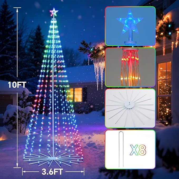 10FT Outdoor Christmas Tree, RGB Color Changing Pre-lit Smart Cone Christmas Tree with LED Lights, App&Remote Control, DIY Multi-Color Lightshow, Music Sync, Christmas New Year Decoration