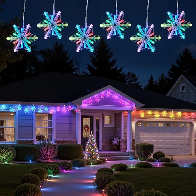 Brightown Smart Christmas Snowflake Lights, 12ft 96LED with 8 Drops Outdoor Icicle Lights with APP Control & Music Sync, Waterproof Connectable, 80+ Scene Modes for Roof, Window, Yard, Patio