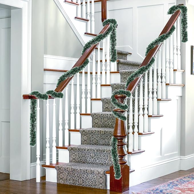 50 Ft Green Christmas Tinsel Garland Metallic Twist Shiny Hanging Garland Decorations for Christmas Tree, Xmas Decor for Holiday Home Party Supplies Indoor Outdoor Decoration