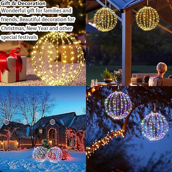 16" Large Outdoor Hanging Lighted Sphere, Christmas Decoration Light Balls, 2 in 1 Warm White and Multicolor Chandelier, 208 LED Iron Frame Foldable Globe for Patio Tree Gazebo Decor (2PK Plug in)