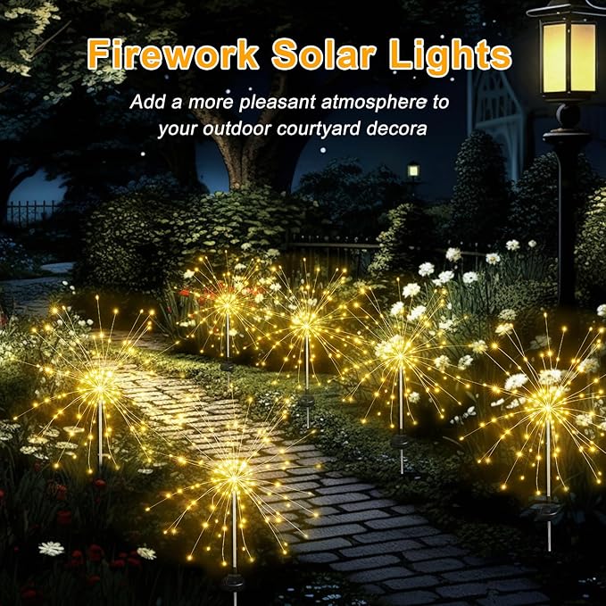 Solar Garden Firework Lights Outdoor Waterproof, 2 Pack Solar Lighting with 8 Lighting Modes, 120 LED Sparklers String Lights for Outside Decor Yard Pathway Decorations(Warm)