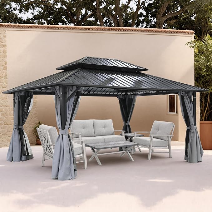 12' x 16' Hardtop Gazebo, Outdoor Patio Gazebo, Aluminum Frame Patio Hardtop Gazebos with Netting and Curtain, Outdoor Patio Pergola with Double Steel Roofs for Deck, Lawns, Garden, Slate Gray