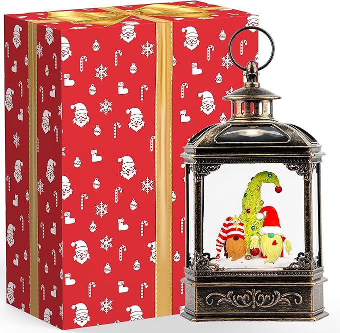 Christmas Snow Globe Lantern Water Glittering Gnomes Scandinavian Santa Elf with Whimsical Christmas Tree, Lighted Lantern for Christmas Festival Decoration Gifts