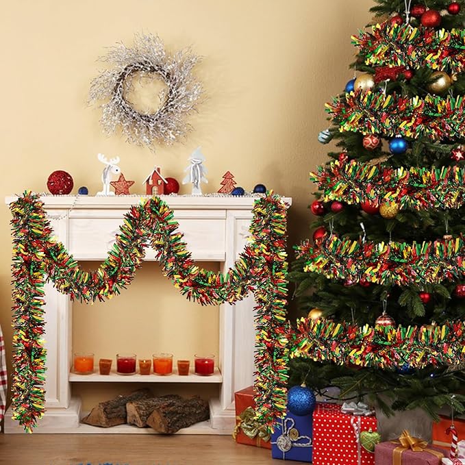 LEASEN 50 Feet Christmas Tinsel Garland Metallic Twist Garland Shiny Hanging Garland Ornaments for Christmas Tree Holiday Home Party Supplies Indoor Outdoor Decoration Red Green Gold