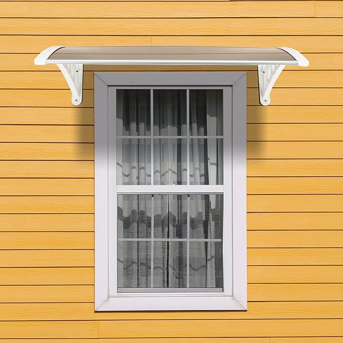 Window Awning Door Canopy Exterior- 32" x 40" Aluminum Door Awning, Polycarbonate Cover Patio Canopy Awning for House, Outside, Rain Snow & UV Resistant (Brown Board & White Bracket)