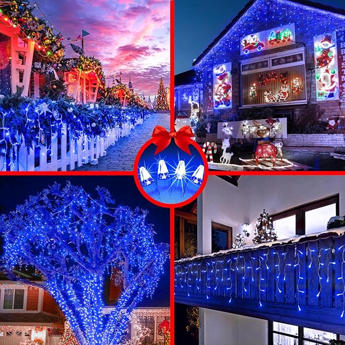 82ft 792 LED 176 Drops Christmas Lights, Outdoor Hanging lights with 8 Modes and Timer Memory, Plug In Outside Waterproof Curtain String Lights for House Fence Tree Holiday Party Decorations (Blue)
