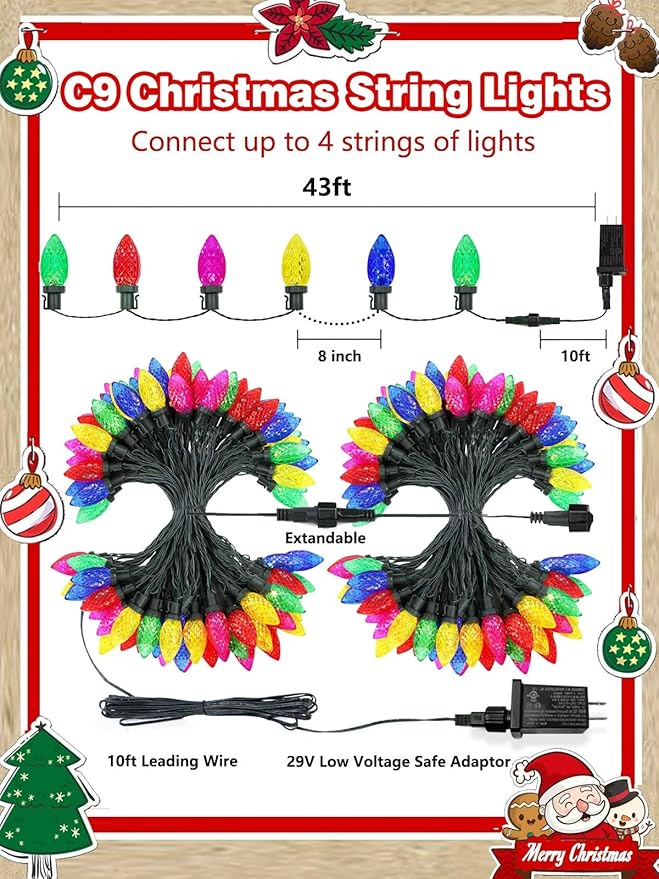 2-Pack 66FT 100LED Extendable C9 Christmas Lights Outdoor/Indoor, Waterproof Christmas String Lights Plug in, Green Wire Fairy Lights for Xmas Tree Garden Patio Wedding Party Decoration (Multicolor)