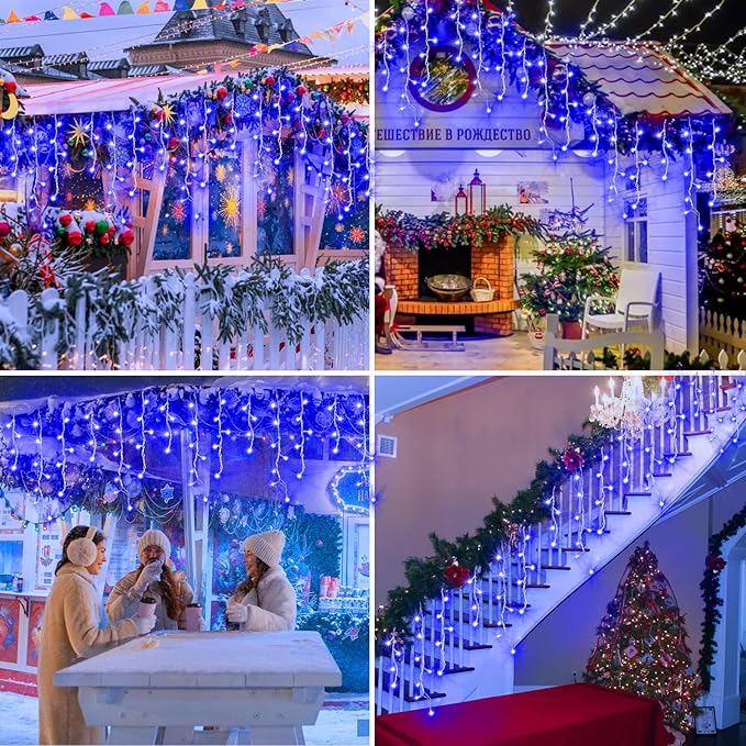 XURISEN 66ft Christmas Lights Decorations Outdoor, 640 LED 8 Modes Curtain Fairy Lights with 120 Drops,Plug in Waterproof Timer Memory Function for Christmas Holiday Wedding Party Decor(Blue)