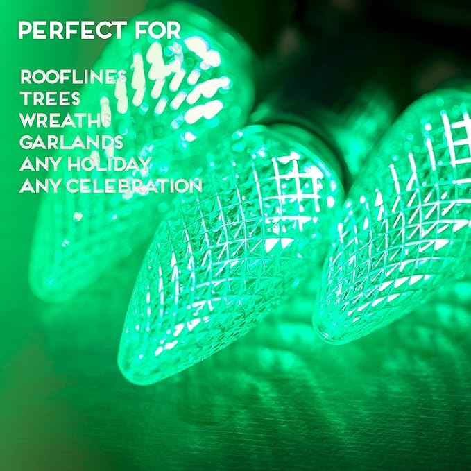 HLO Lighting Set of 500 Green C9 Faceted LED Christmas Light Bulbs for Indoor & Outdoor Use | Durable Replacement Bulbs