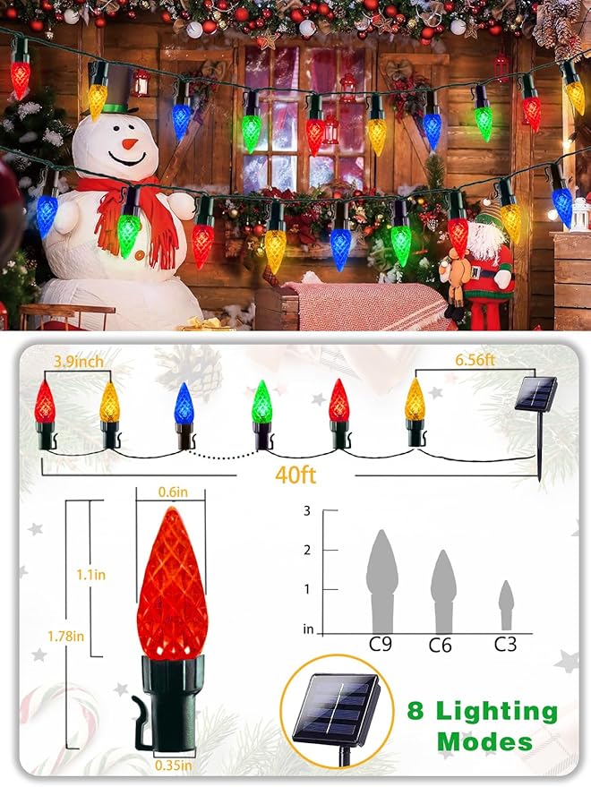 C6 Solar Christmas Lights Outdoor, 100 LED 33FT Christmas Decorations Outdoor Waterproof, Solar String Lights for Outside with 8 Modes, Fairy Twinkle Light for Tree Garden Yard Xmas Decor (Multicolor)