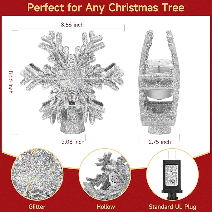 Christmas Tree Topper Lighted with Built-in LED Rotating Snowflake Projector, 3D Hollow Glitter Silver Snowflake Tree Topper for Xmas Party Holiday Christmas Decorations