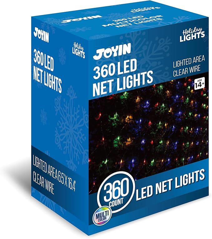 JOYIN 360 LED Christmas Net Lights, 6.5X 16.4FT Christmas Mesh Lights with 8 Modes, Connectable, Waterproof for Bushes Trees Yard Indoor Outdoor Xmas Decorations (Multicolor)