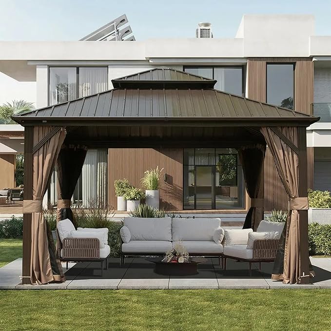 Domi Hardtop Gazebos 12x12FT, Aluminum Metal Gazebo with Galvanized Steel Double Roof Canopy, Curtain and Netting, Permanent Gazebo Pavilion for Patio, Backyard, Deck and Lawn, Brown