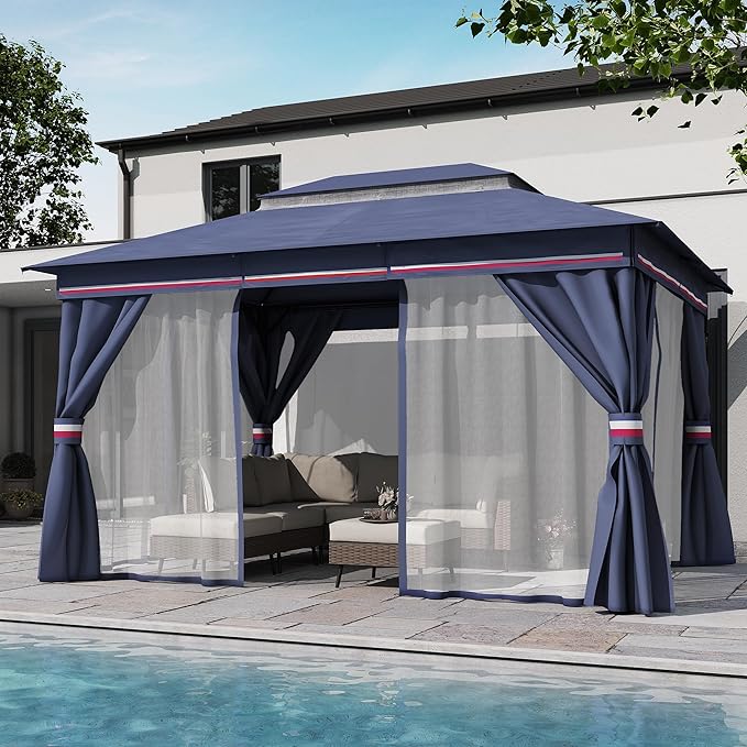 LAUSAINT HOME 10x13ft Outdoor Patio Gazebo with Double Roof, Heavy Duty Waterproof Gazebo Canopy Tent with Mosquito Netting for Backyard, Garden, Lawn & Wedding, Classic Blue