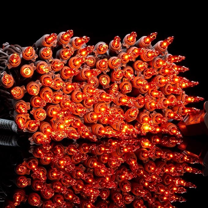 YULETIME Orange Christmas Lights with Brown Wire, 66 Feet 200 Count UL Certified String Lights, Pack of 2 Sets 33 Ft 100 Count Amber Incandescent Mini Light Set (Orange)