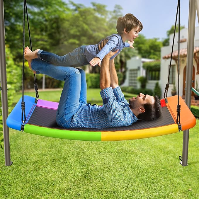 Trekassy Swing Sets for Backyard, 440lbs Heavy Duty A-Frame Metal Stand with 60 Large Platform Swing for Outdoor Playground Park£¨Green/Tan£©