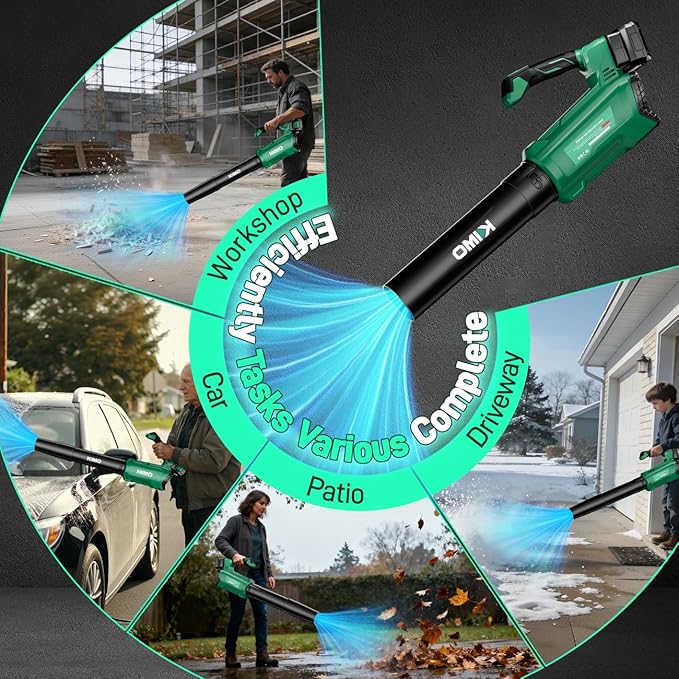 KIMO Leaf Blower Cordless with Battery and Charger, 800CFM/300MPH, Precision Adjustment Handle, 3Speeds w/ Visual Panel, Lightweight, 2 Extended Tube, 2* 2.0 Battery Powered Leaf Blowers for Lawn Care