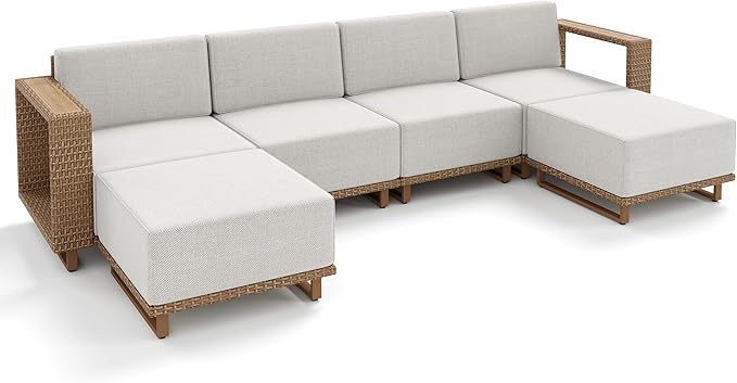 Outdoor Patio Furniture Set, 6 Piece Outdoor Rattan Wicker Sofa Couch Set, Sectional Outdoor Conversation Sets with 10" Extra Thick Cushions for Deck Backyard Lawn