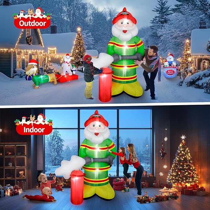 Christmas Inflatable Santa Claus Firefighter Decoration,7FT LED Lights Blow Up Decor Holding Fire Extinguisher,Outdoor Standing Waterproof Smiling Santa Claus for Xmas Holiday Party Yard Garden Lawn