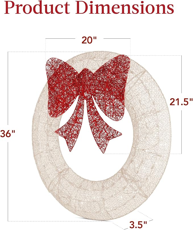 Best Choice Products 36in Pre-Lit Outdoor Christmas Wreath Decoration, LED Metal Holiday Decor for Home w/ 120 Lights, Bow - White/Red