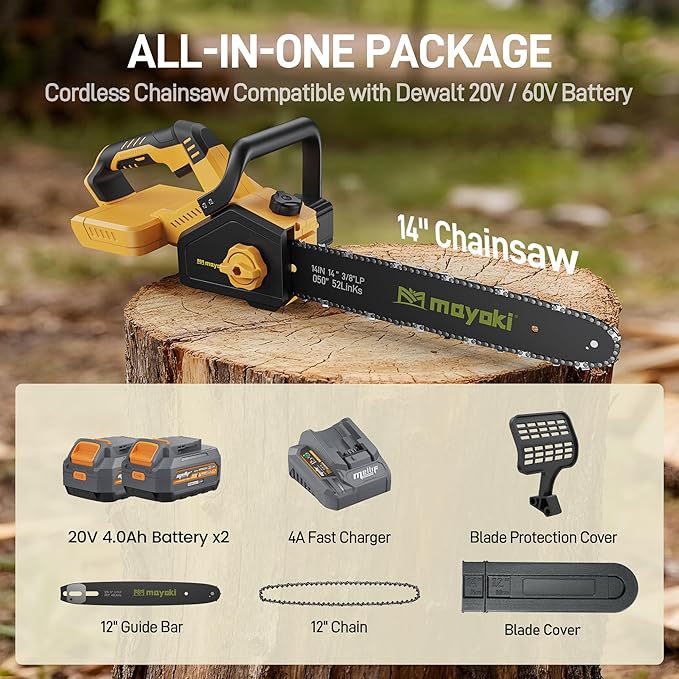 Cordless 40V 14 Chainsaw Compatible with Dewalt 20V MAX Battery, Electric Handheld Power Chain Saw w/ 1700W Brushless Motor, 40 Ft/s, (2) 4.0Ah Battery, Auto Oiler for Tree Wood Cutting Trimming