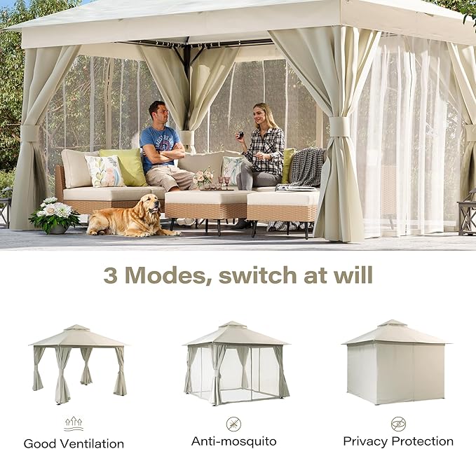 LAUSAINT HOME 10x10ft Outdoor Patio Gazebo with Double Roof, Heavy Duty Waterproof Gazebo Canopy Tent with Mosquito Netting for Backyard, Garden, Lawn & Wedding, Cream White