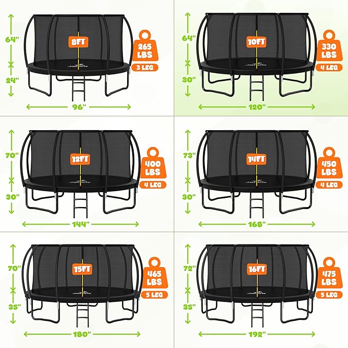 Trampoline 8FT 10FT 12FT 14FT 15FT 16FT, Recreational Trampolines with Enclosure Net and Ladder, Outdoor Anti-Rust Trampolines for Kids and Adults, ASTM Approved