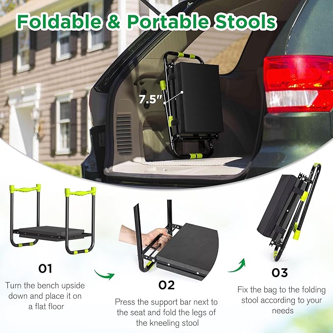 10.8¡± Wide Garden Kneeler and Seat, Heavy Duty Foldable Gardening Stool with Tool Belt Pouch, Included Thickened Kneeling Pad, Portable Gardening Bench Chair for Seniors & Parents